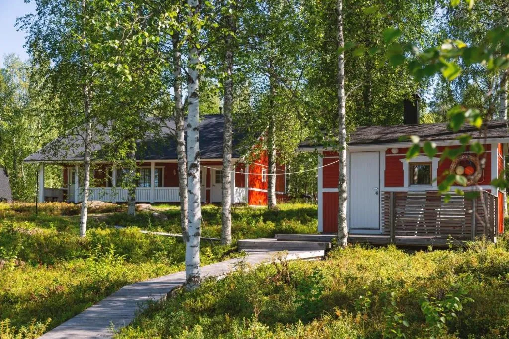 Punaiset mökit koivikossa Lapissa